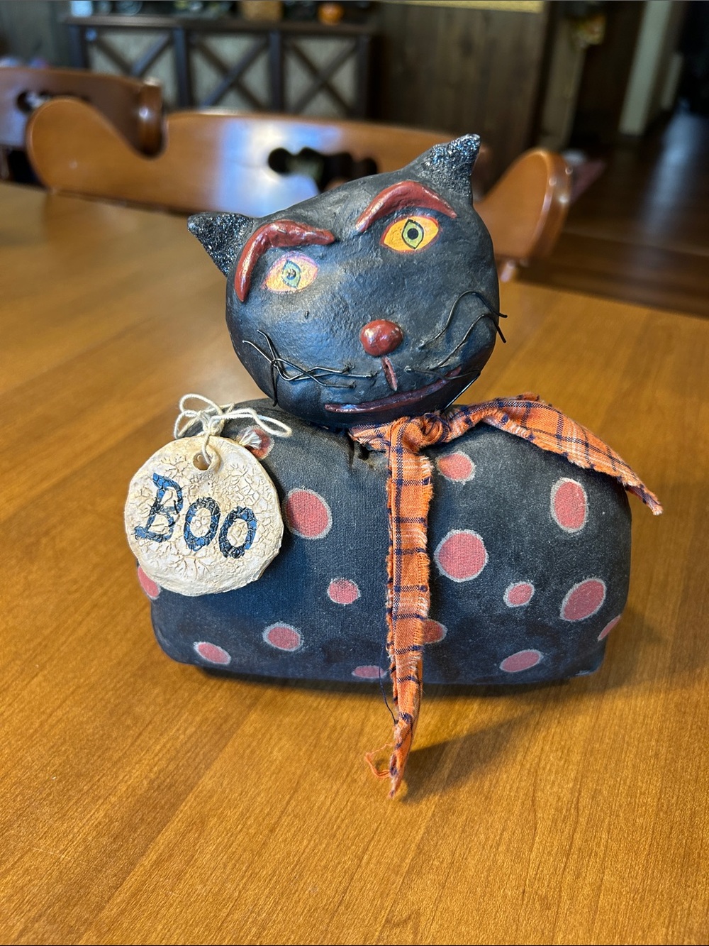 Halloween Polka Dot Cat Plush Decor in Black and Orange